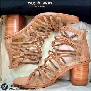RAG & BONE CAMILLE MACRAMÉ SUEDE HIGH-HEEL STRAPPY SANDALS IN CAMEL SIZE 8, 9.5